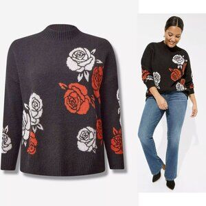 Torrid Black, White, and Red Rose Pattern Knit Sweater